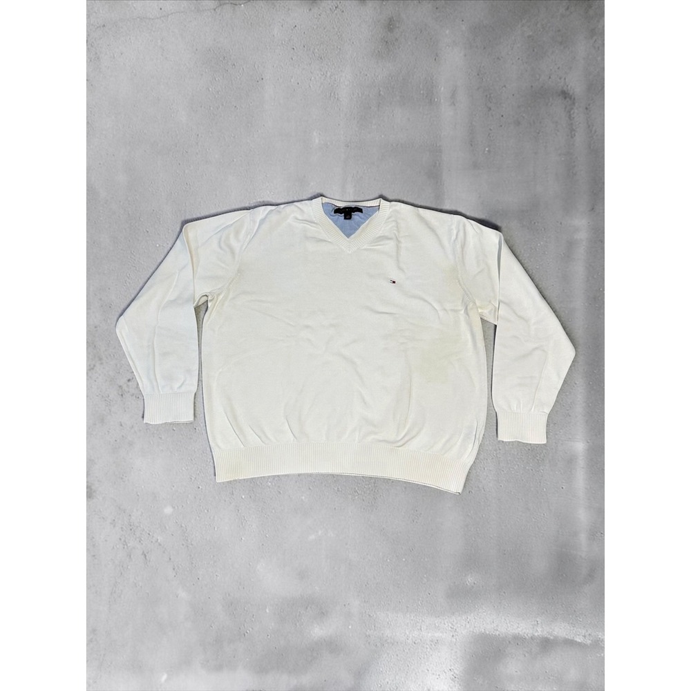 Tommy Hilfiger V-Neck Sweater Mens Large Cream White Cotton Pullover